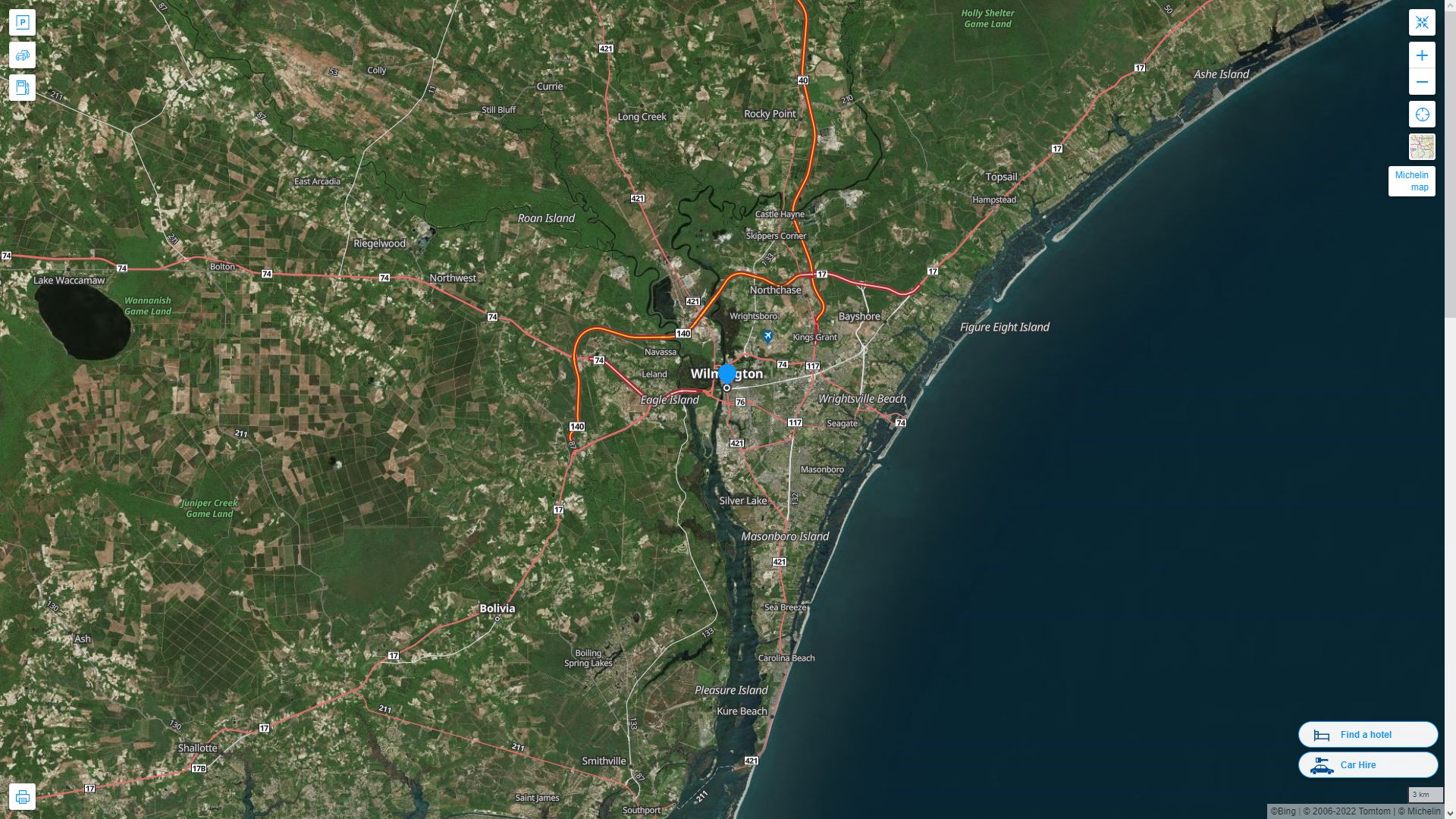 Wilmington North Carolina Highway and Road Map with Satellite View